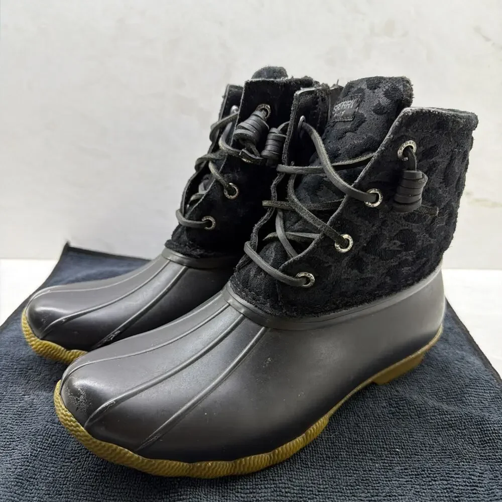 Sperry Womens Syren Gulf Black Animal Print Duck Boots Weatherproof Boots Size 6
